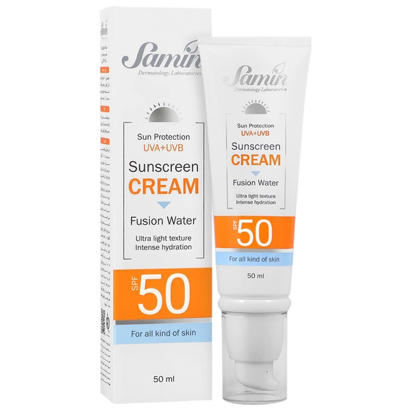 کرم ضدآفتاب فیوژن واتر ثمین spf 50 مناسب انواع پوست